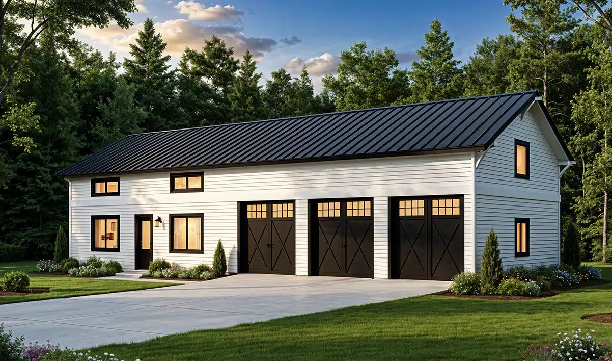 A modern white and black barn-style garage with four large doors, side entrance, black roof, windows, and concrete driveway.