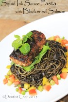 squid ink sauce spaghetti pasta with blackened salmon pan fried