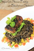 squid ink sauce spaghetti pasta with blackened salmon pan fried