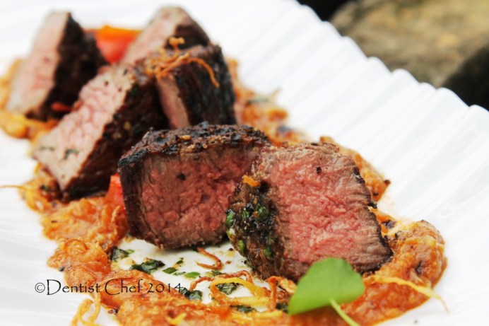 recipe medium done beef tenderloin steak dry aged roasted garlic sauce pesto