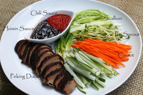 Chinese roasted peking duck hoisin plum sauce wrap pancake scallion spring onion cucumber recipe