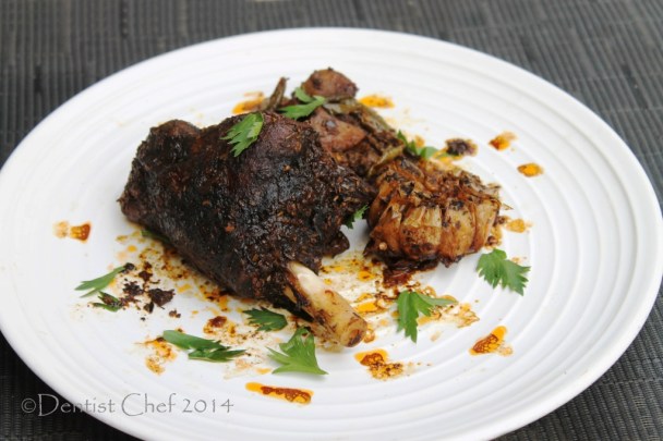 roasted baby goat leg cabrito kid spicy harissa herbs rosemarry thyme potato