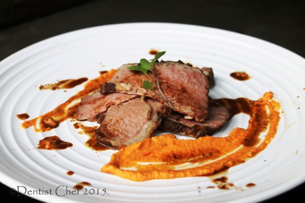 beef brisket sousvide tender slow cooked beef belly romesco sauce roasted pepper oine nuts chili pesto