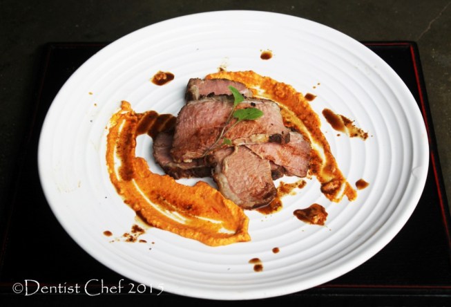 recipe beef brisket sousvide steak belly beef with romesco roasted chili red pepper sauce pesto tomato roasted garlic toasted pine nuts