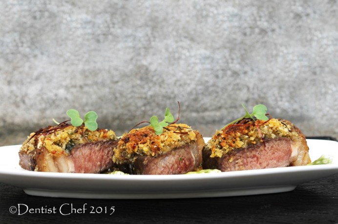 sous vide striploin steak bone marrow crusted sirloin beef lemon basil herbs crispy crust