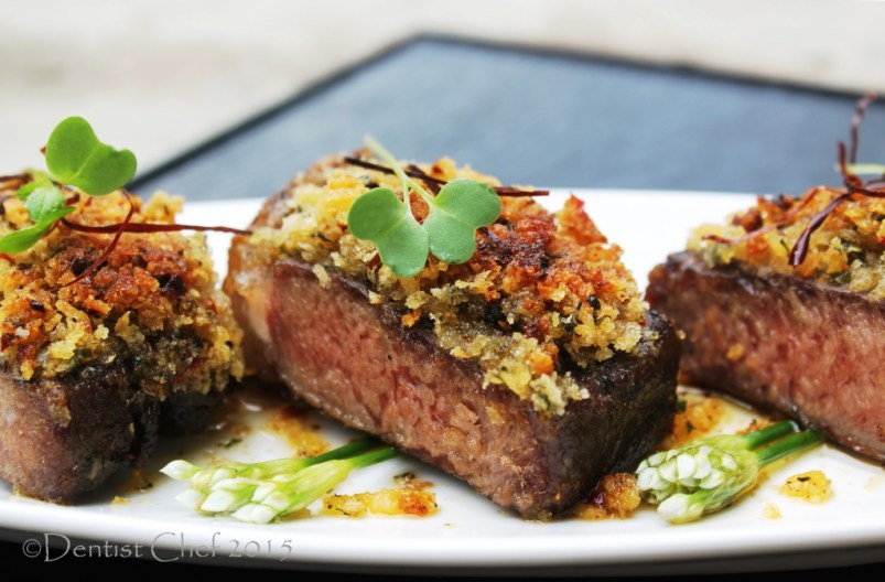 striploin steak sous vide bone marrow crusted sirloin black angus beef herbs crust