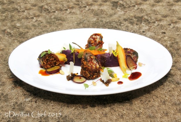 eel fillet sous vide rolled fish stuffed cheese basilchorizo bottarga crust balsamic reduction confit carrot cheese caviar sturgeon mustard blossom