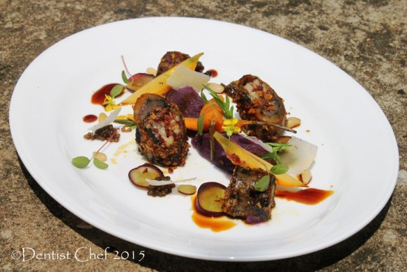 eel fish fillet rolled sous vide stuff basil chorizo balsamic reduction sous vide carrot mashed sweet purple yam beluga caviar shaved cheese