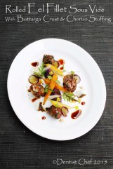 rolled eel fillet sous vide stuff basil chorizo cheese balsamic reduction sous vide carrot mashed purple sweet potato yam caviar edible mustard flower micro green herbs