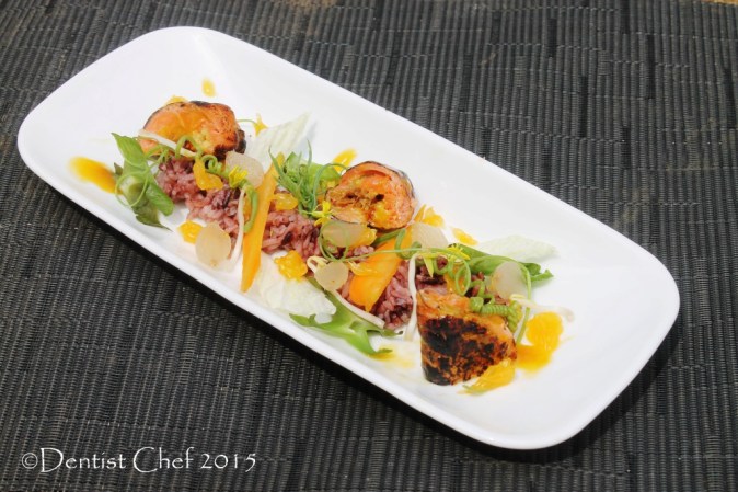 orange sauce salmon sous vide stuffed tofu red rice salad