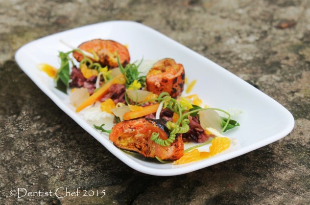 salmon orange sauce sous vide salmon fillet stuffed tofu seared trout red rice salad chayote shoots sprout