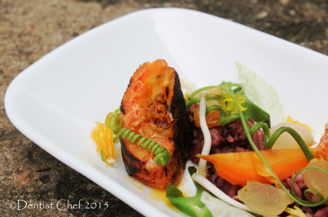 salmon sous vide stuffed tofu skin sous vide orange sauce black rice salad winged bean chayote shoots