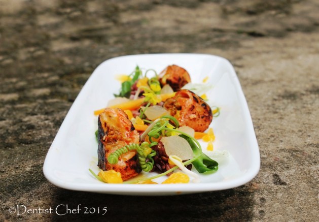 salmon stuffed tofu with orange lemon sauce red rice salad