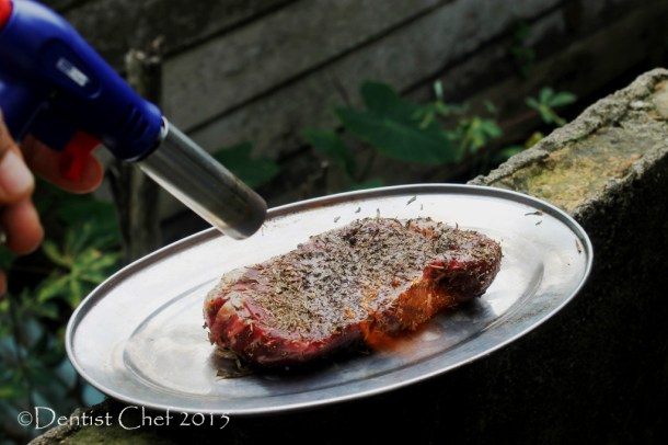 Searing beef steak blowtorch herbs crust sirloin striploin salt crust beef roast