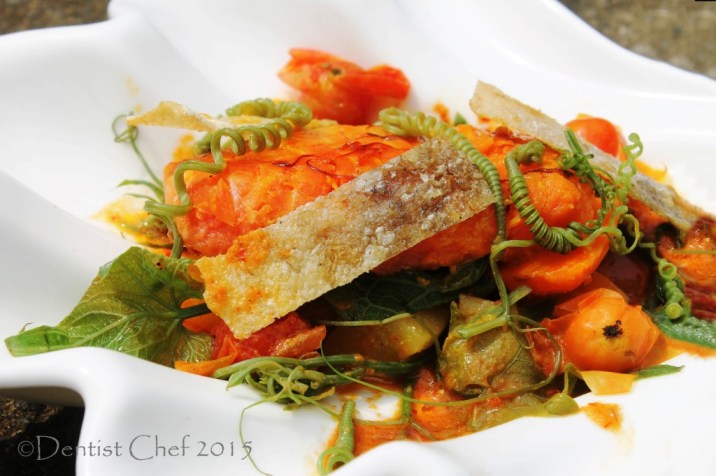 recipe salmon curry saffron coconut cream sous vide trout fish fillet chayote pumpkin shoots recipe