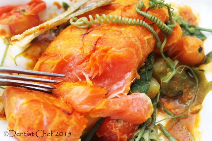 Salmon curry saffron sous vide chayote shoots curry sayur lodeh