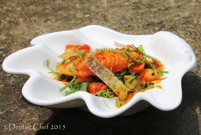 salmon curry spicy saffron curried turmetic shallots chayote long bean turmeric coconut broth salmon sous vide