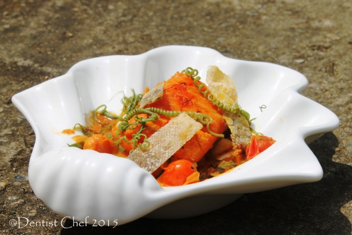 salmon saffron marinated curried trout fish tomato chayote coconut cream curry