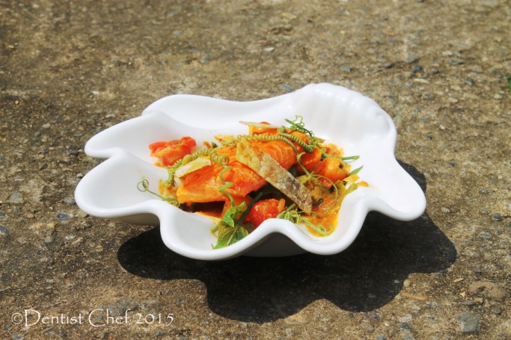 salmon spicy curry with chili saffron turmeric chayote long bean pumpkin shoots