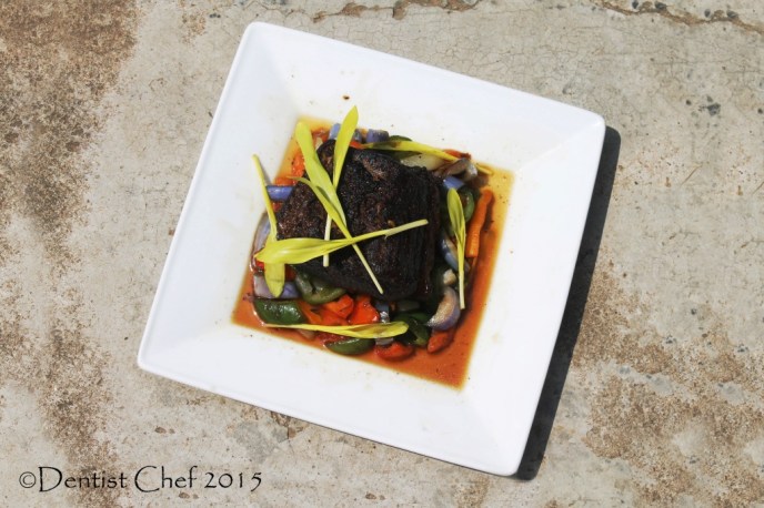 recipe confit beef brisket popcorn shoots microgreen yellow sweet corn sauteed vegetables gravy