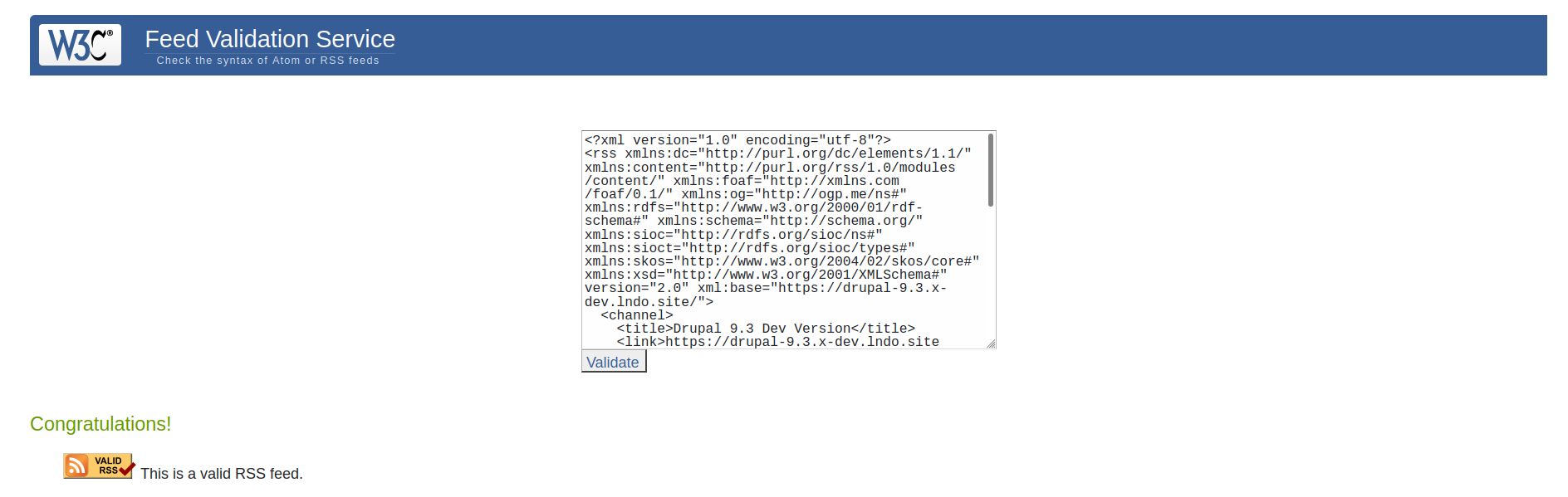 Screenshot of RSS Feed Validation confirmation page which states, Congratulations! This is a valid RSS feed.