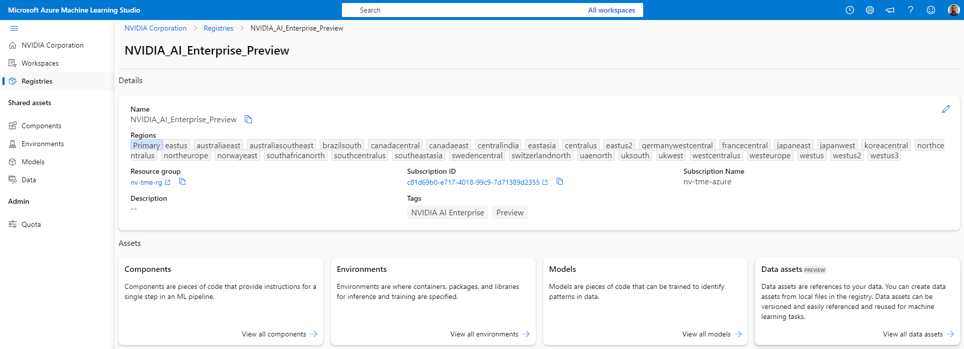 Screenshot depicting the NVIDIA AI Enterprise Preview Registry in Azure Machine Learning, which includes NVIDIA-maintained Components, Environments, Models, and more
