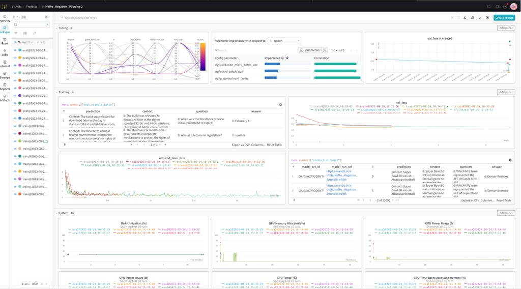 The Weights & Biases’ MLOps platform that enables developers to debug, fine-tune, compare, and reproduce models. W&B Prompts enable organizations to understand, tune, and analyze LLM performance, such as hyperparameter importance and model performance. 