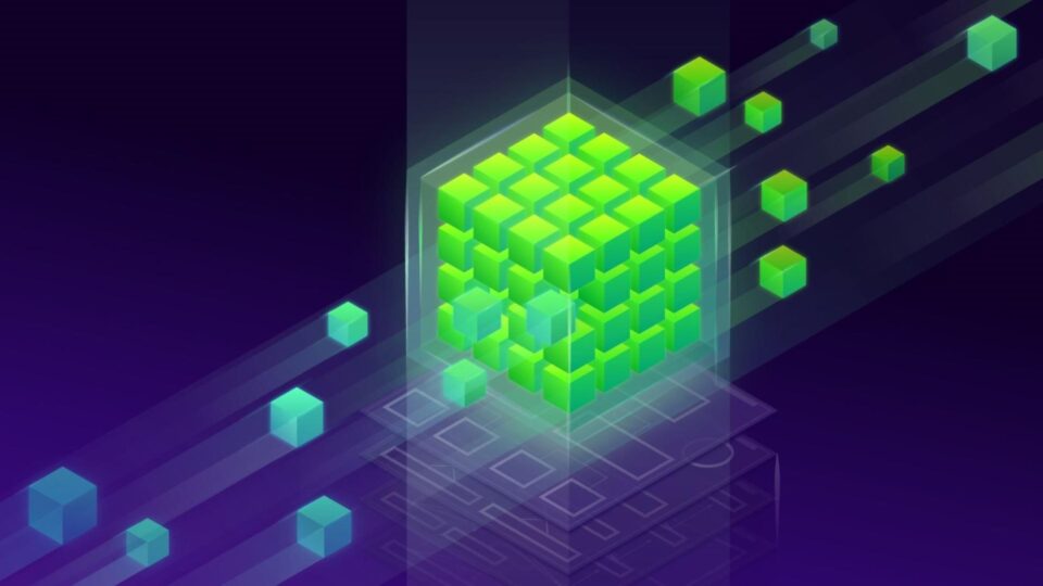 Decorative image of a cube of green cubes, surrounded by other cubes on a dark background.