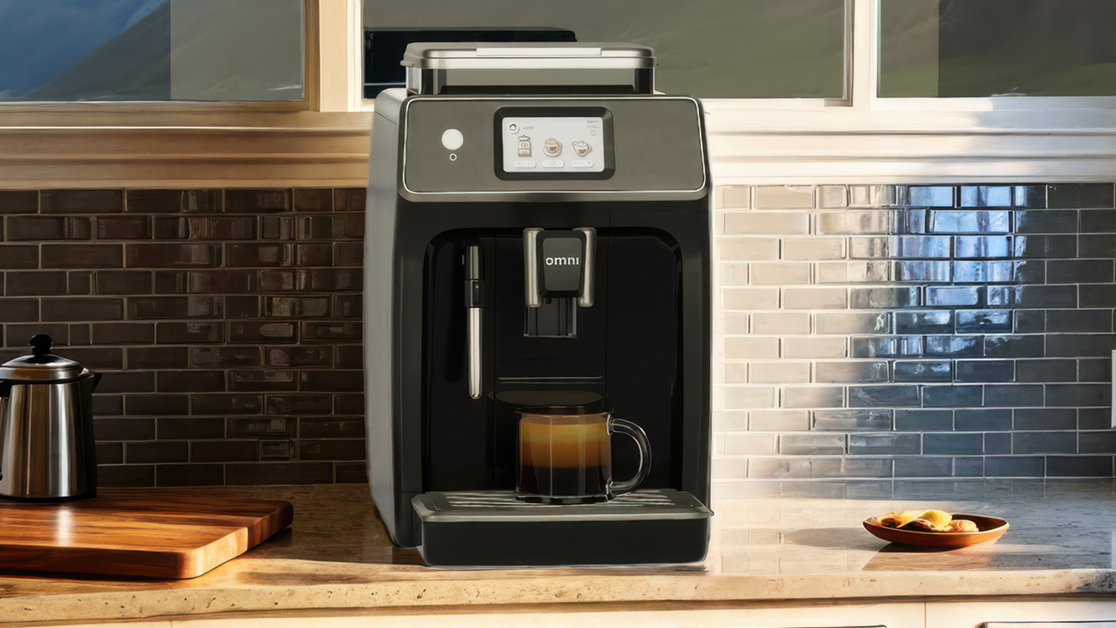 Image of an espresso machine sitting on a kitchen counter.