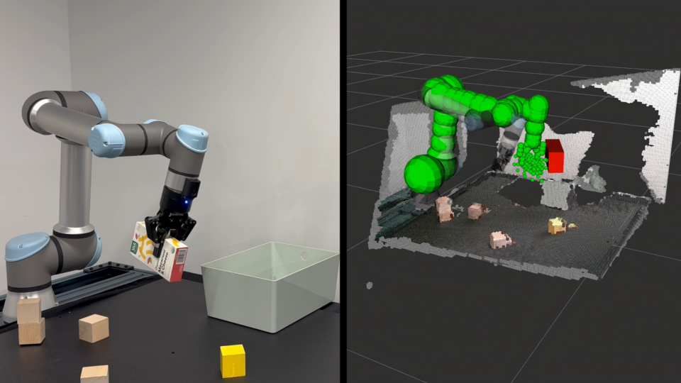 Two views of a robot picker, real and computerized.