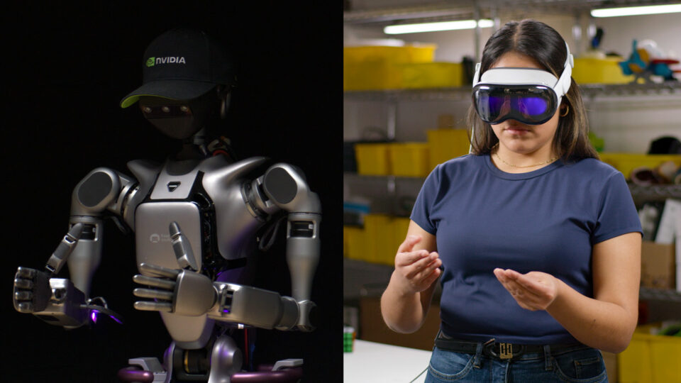 Split image of a humanoid robot and a human with a VR headset.