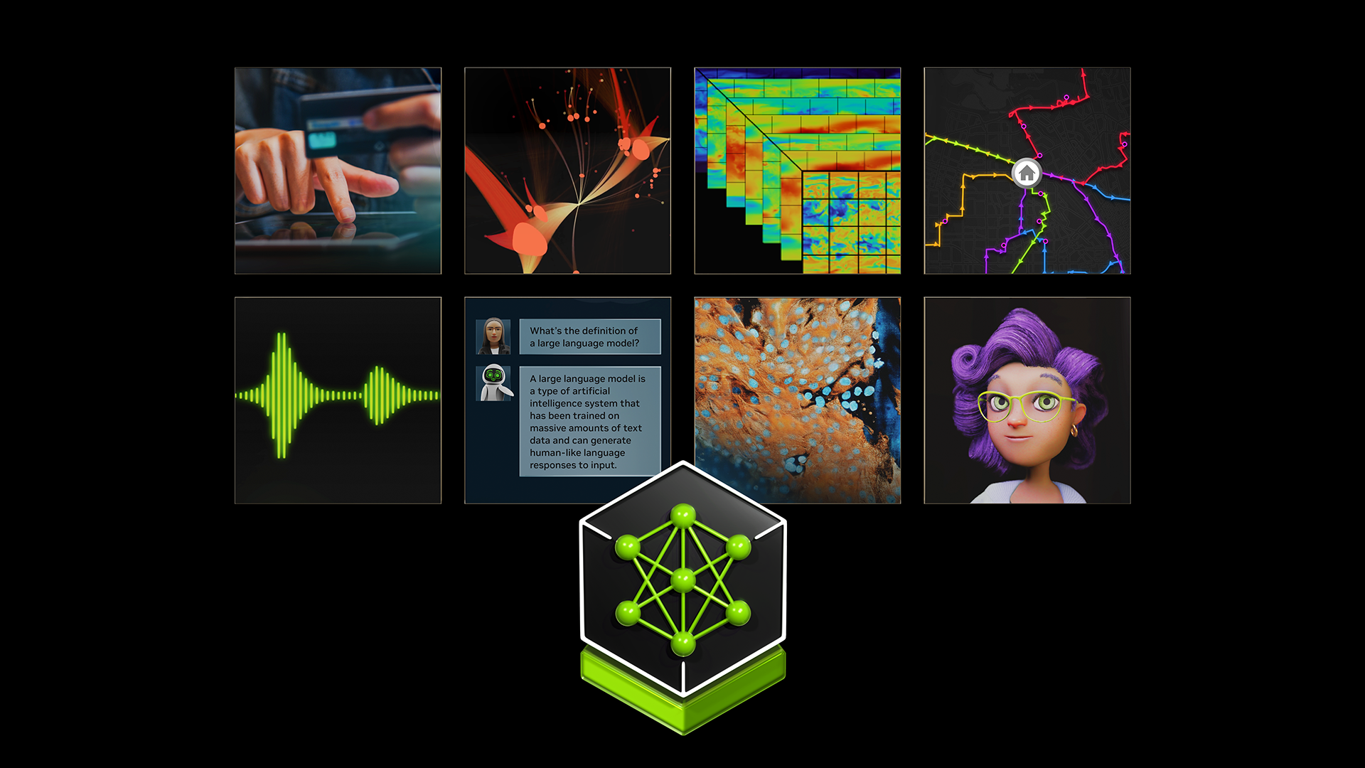 Collage of use case thumbnails, including avatars, imaging, and chatbots.