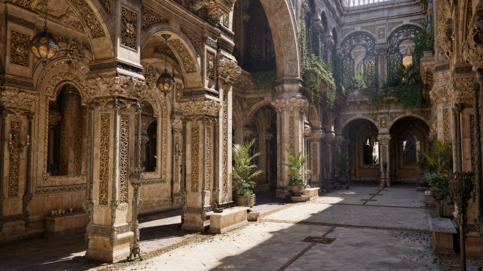 A Zorah sample still showing a partially shaded courtyard with ornate pillars and plants growing everywhere.