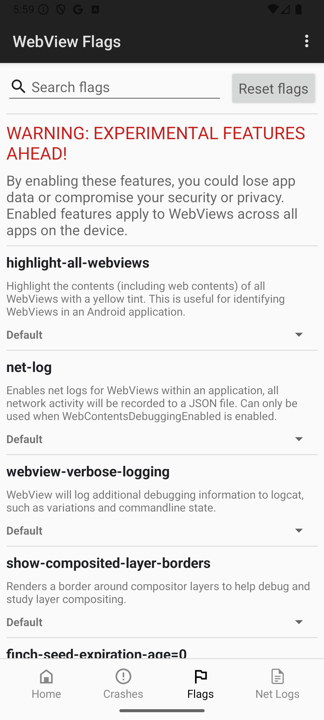 Приложение WebView DevTools, демонстрирующее интерфейс управления флагами.