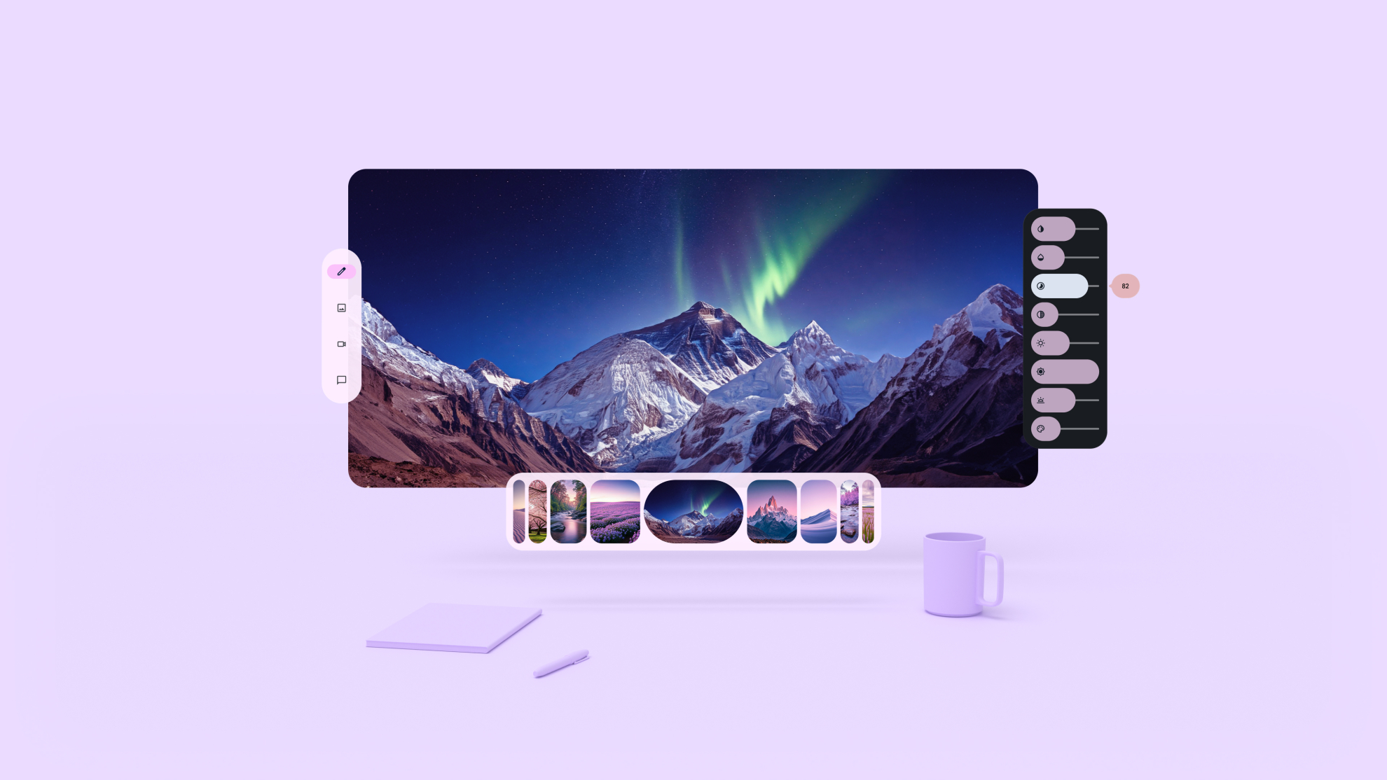 북극광과 눈 덮인 산이 있는 Android XR 앱 세 개의 사용자 제어 메뉴가 궤도에 있습니다. 기본 패널 위에 하나씩 왼쪽, 오른쪽, 하단에 배치됩니다.