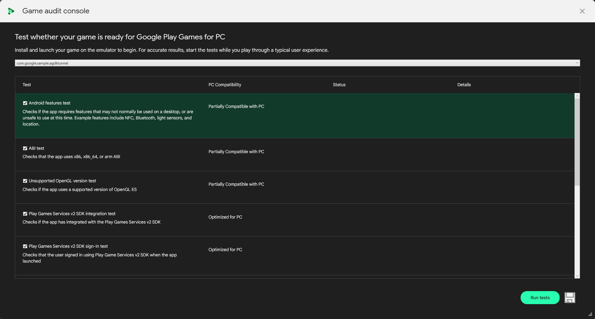 Скриншот программы проверки готовности игры A screenshot of the Game Readiness Checker with several results shown. There
are three columns labelled "Test", "Status", and "Details". Status has green
text "Test passed" and or red text "Test failed".