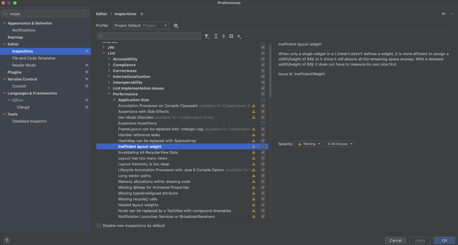 Изображение, демонстрирующее меню проверок в Android Studio.
