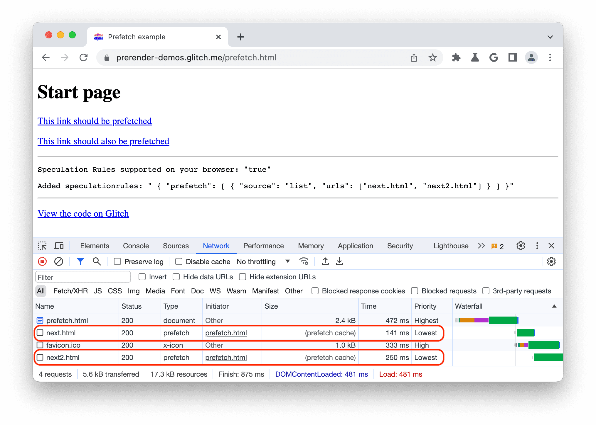 แผงเครือข่ายใน Chrome DevTools แสดงเอกสารที่ดึงข้อมูลล่วงหน้า