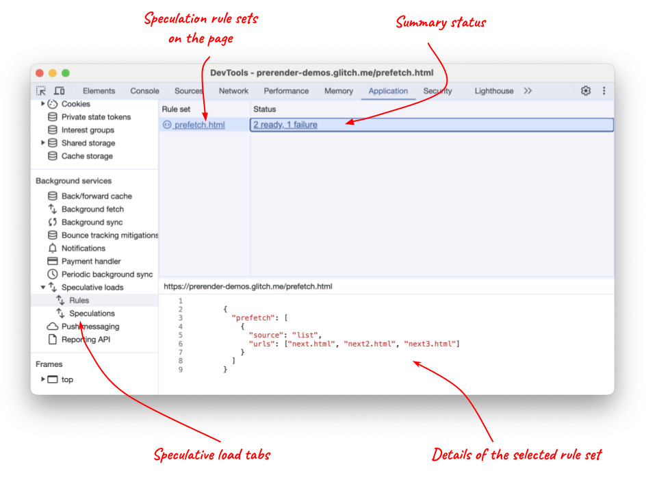 แท็บการโหลดเชิงคาดการณ์ของเครื่องมือสำหรับนักพัฒนาเว็บใน Chrome ที่แสดงกฎการดึงข้อมูลล่วงหน้า
