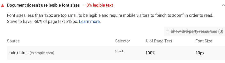 Lighthouse-audit toont pagina met onleesbare lettergroottes