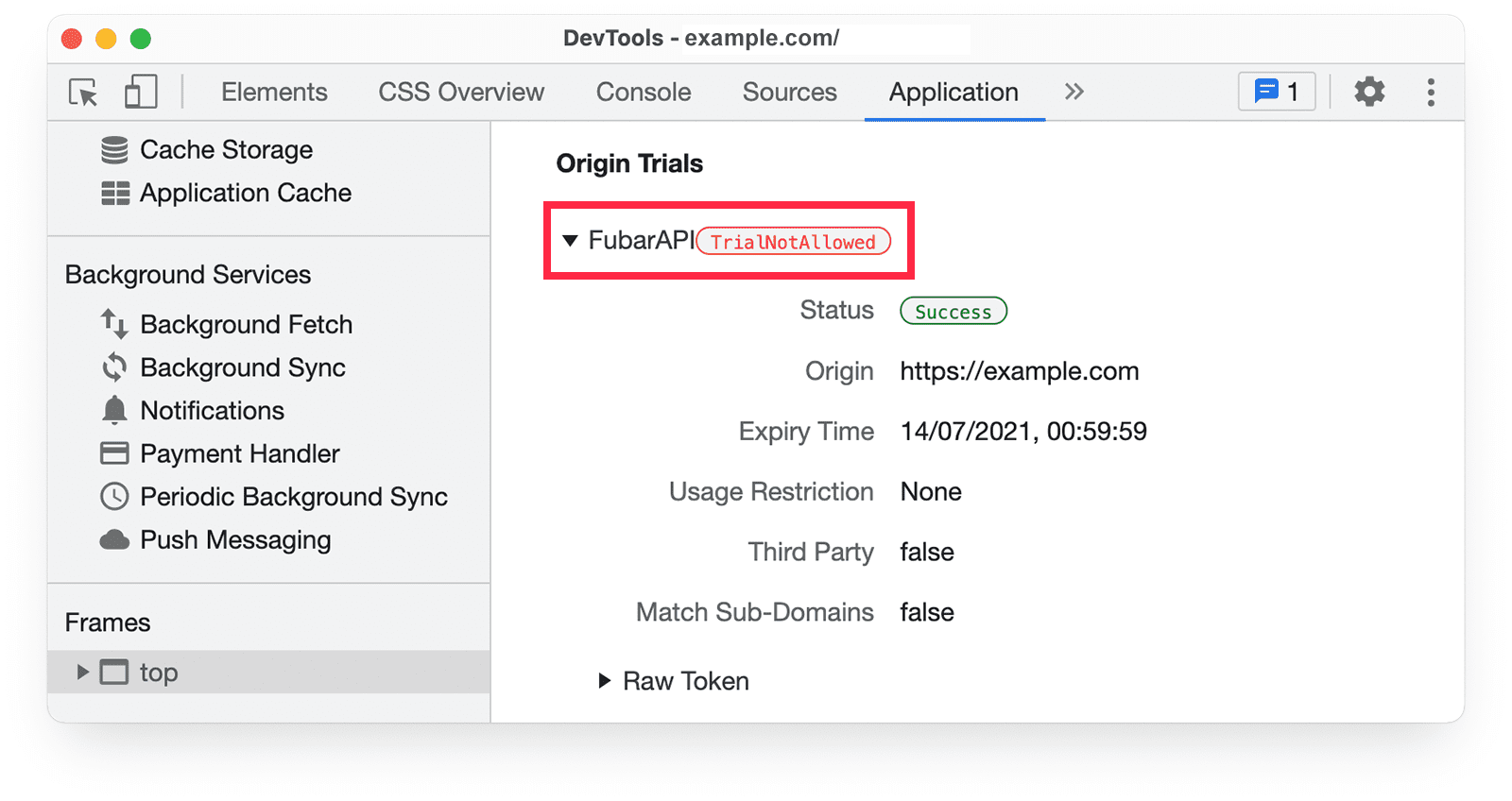 ข้อมูลช่วงทดลองใช้จากต้นทางของเครื่องมือสำหรับนักพัฒนาเว็บใน Chrome ในแผงแอปพลิเคชันแสดงคำเตือน TrialNotAllowed