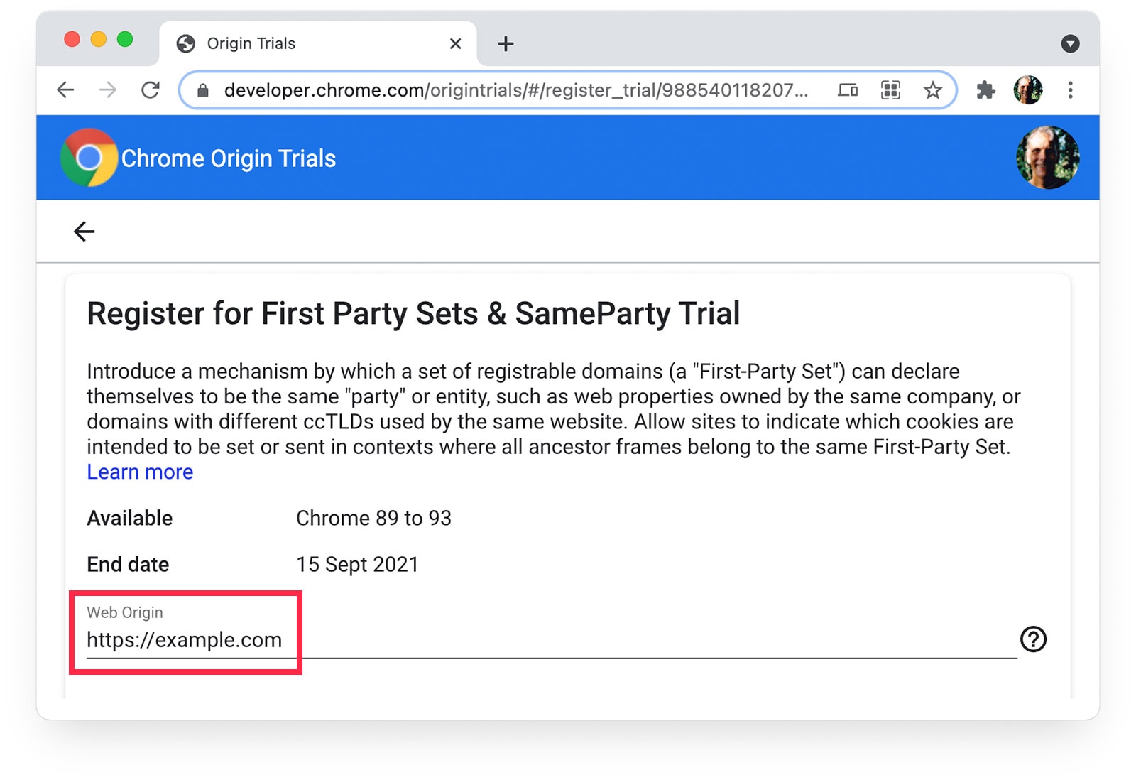 หน้าช่วงทดลองใช้จากต้นทางของ Chrome ที่แสดง https://example.com ที่เลือกเป็นต้นทางของเว็บ