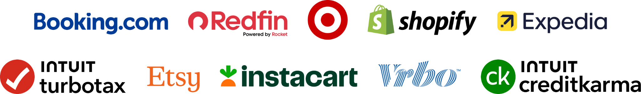 הלוגו של Expedia, Booking.com, Shopify, Credit Karma, Turbotax, Redfin, Etsy, Instacart, Target