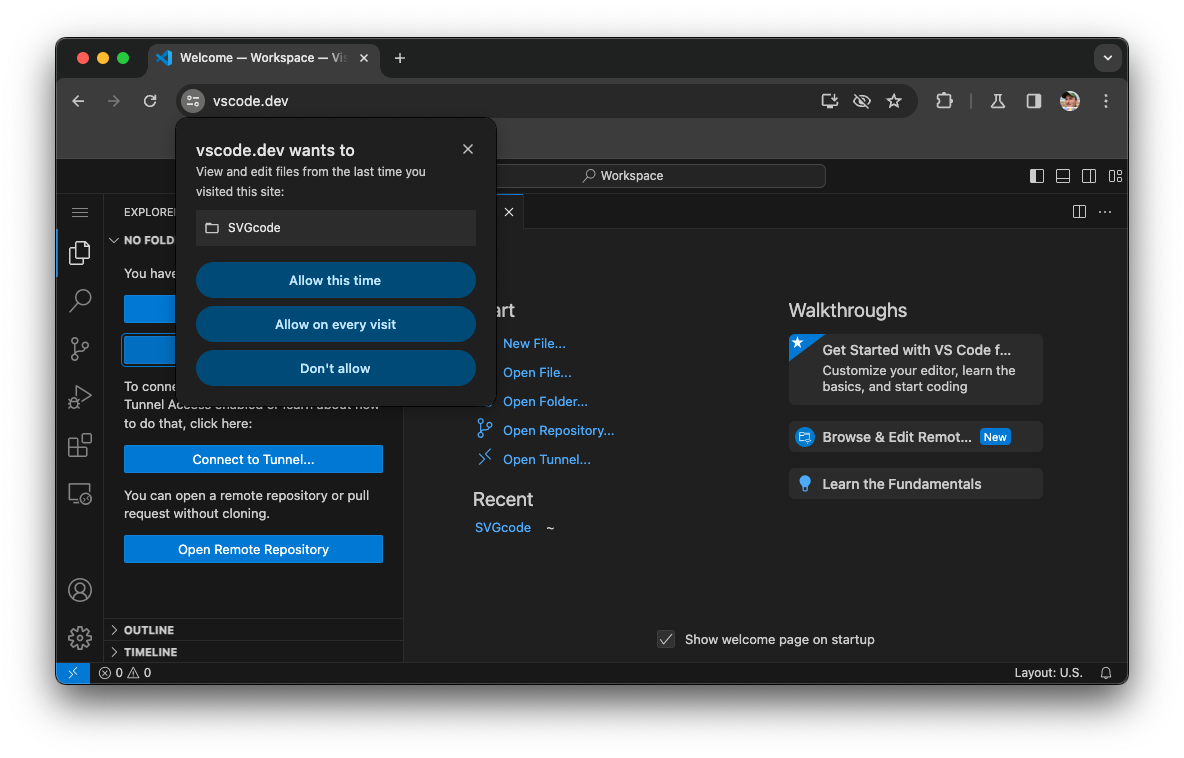 Visual Studio Code với lời nhắc cấp quyền ba chiều.