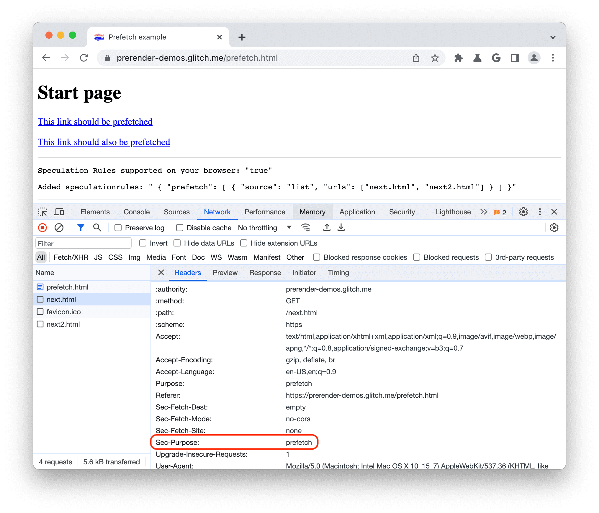 Chrome 開發人員工具預先載入標頭，並將 Sec-Purpose 設為預先載入