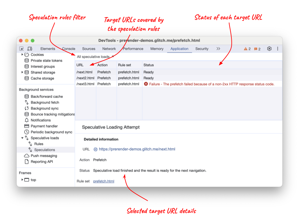 Guia Speculations do Chrome DevTools mostrando URLs pré-buscados e o status deles