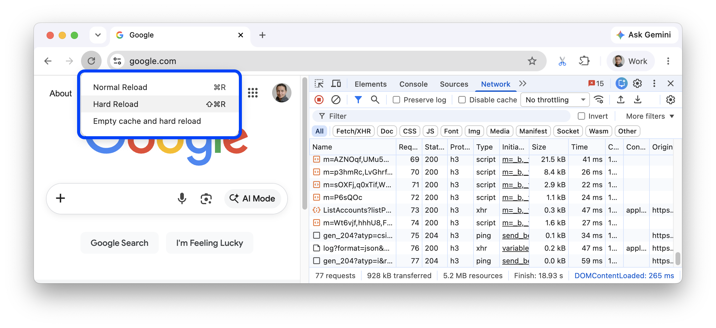 DevTools খোলা থাকা অবস্থায় তিনটি রিলোড অপশন।