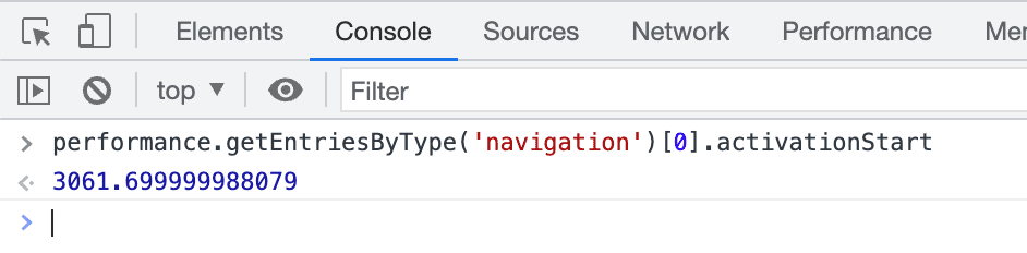 In der Console in den Chrome-Entwicklertools wird ein positiver Wert für „activationStart“ angezeigt, was darauf hinweist, dass die Seite vorab gerendert wurde.