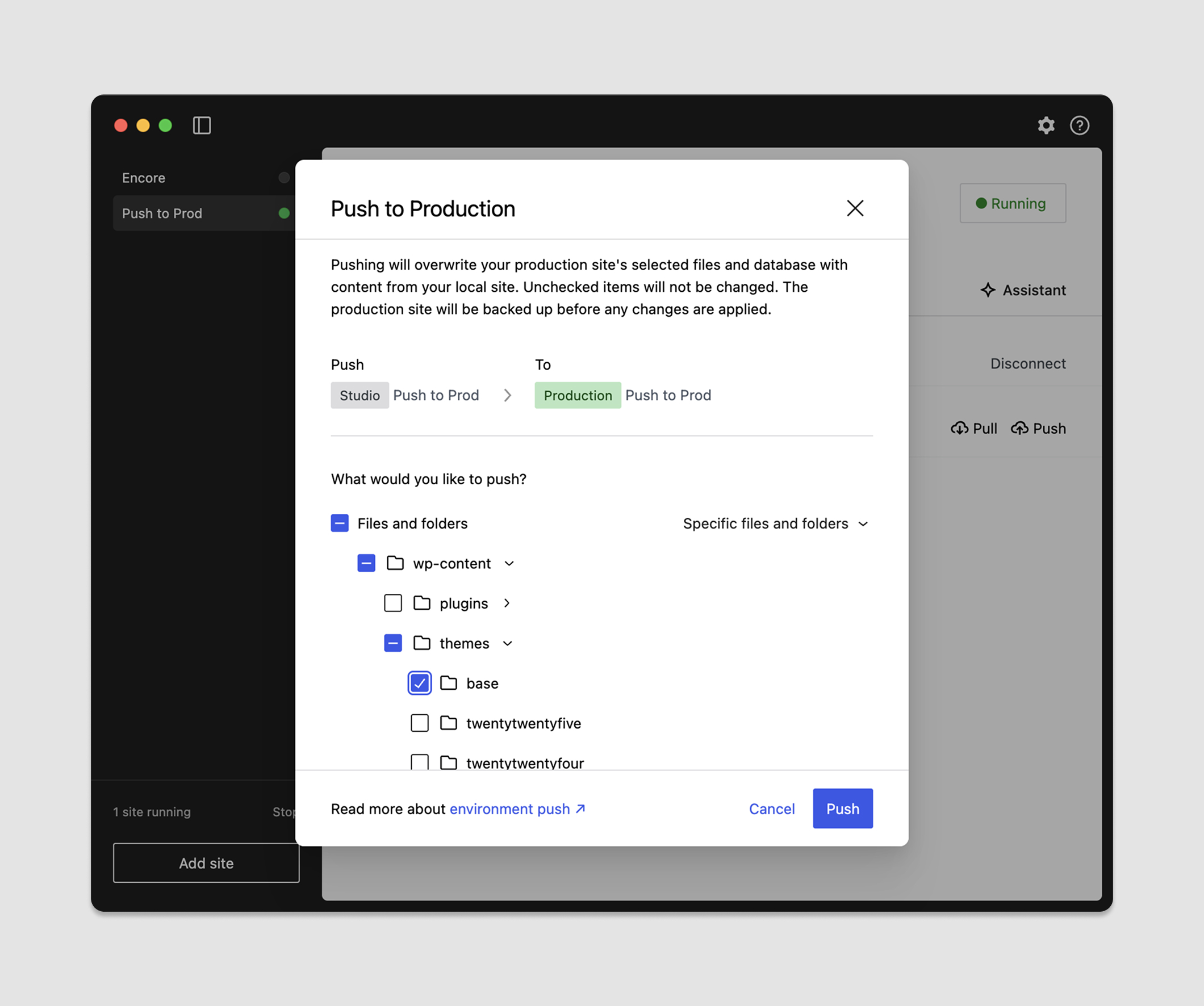 A screenshot depicting the Push process in Studio Sync.