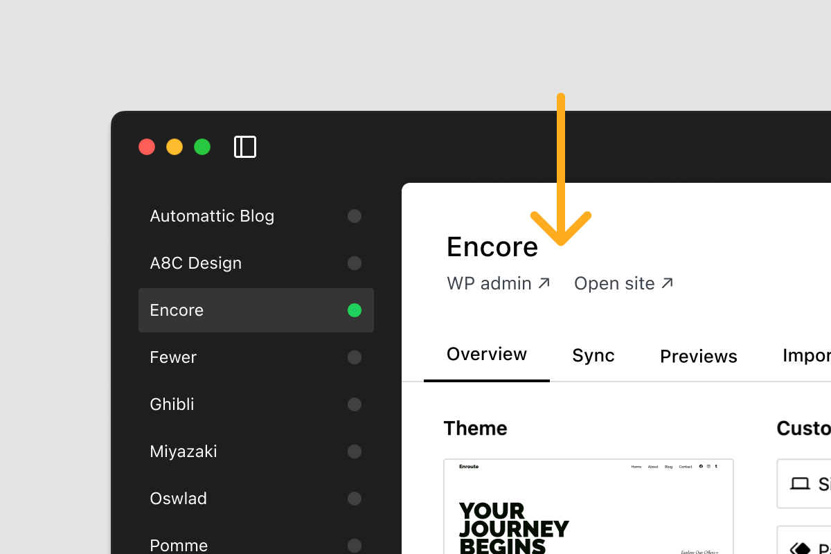 A screenshot depicting the Studio app and links that allow you to open the frontend of the site or wp-admin.